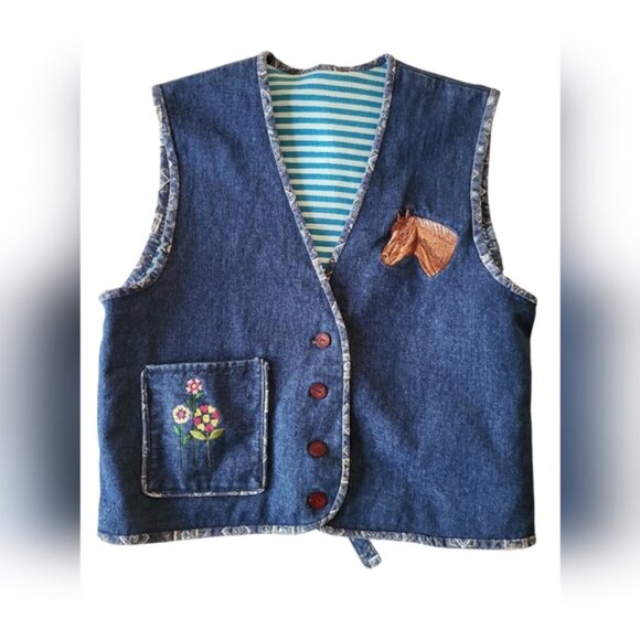 Western Denim Vest  Embroidered Horse Floral Handcrafted Unique Equestrian - Picture 10 of 12